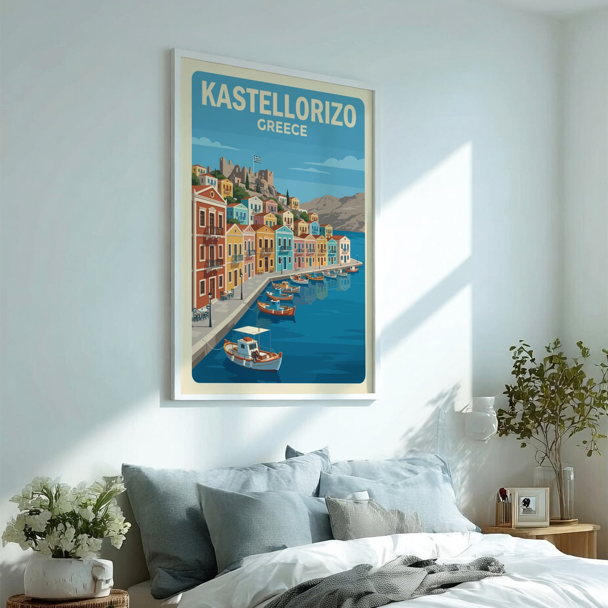 Poster of Kastellorizo Greece showing colorful Mediterranean harbor houses and boats in water.
