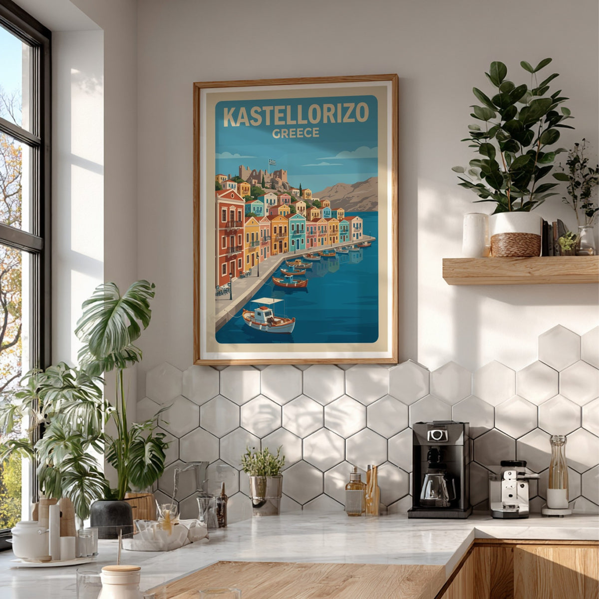Poster of Kastellorizo Greece showing colorful Mediterranean harbor houses and boats in water.