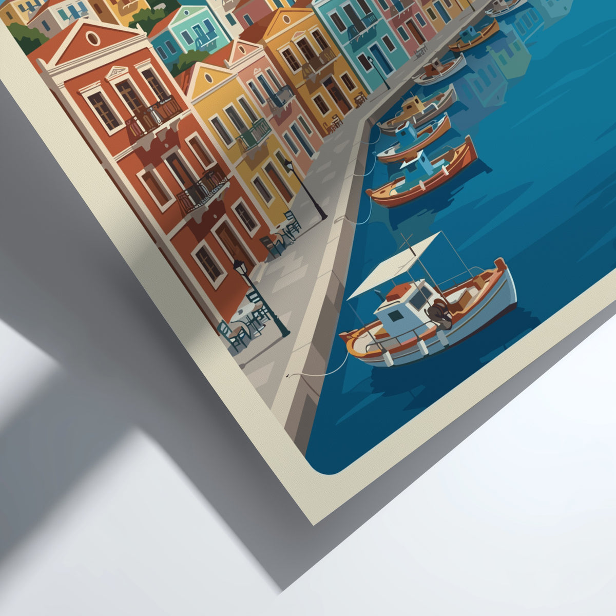 Poster of Kastellorizo Greece showing colorful Mediterranean harbor houses and boats in water.