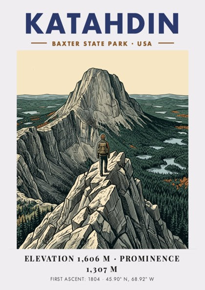 Poster featuring the Katahdin mountain peak in Baxter State Park with a hiker.