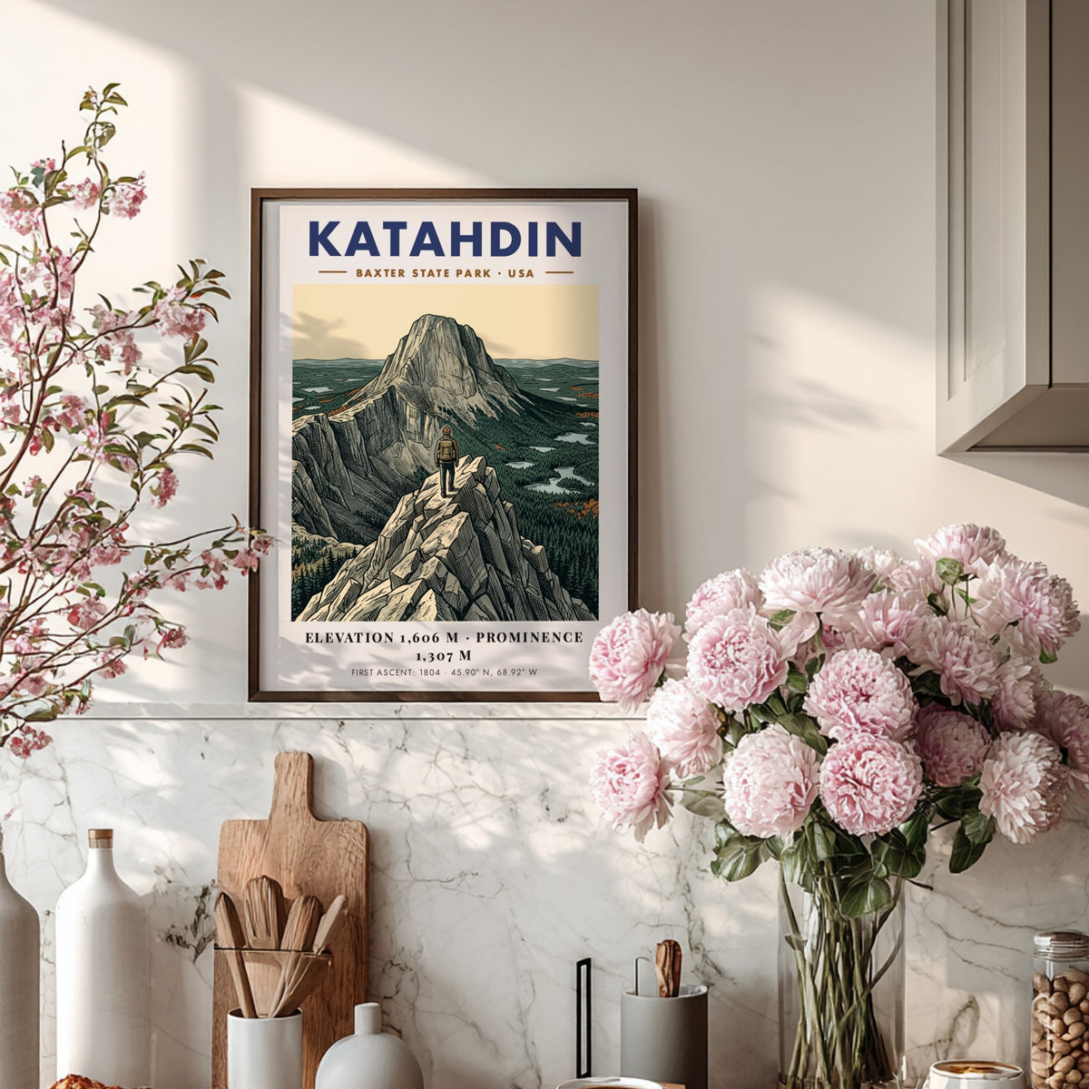 Poster featuring the Katahdin mountain peak in Baxter State Park with a hiker.