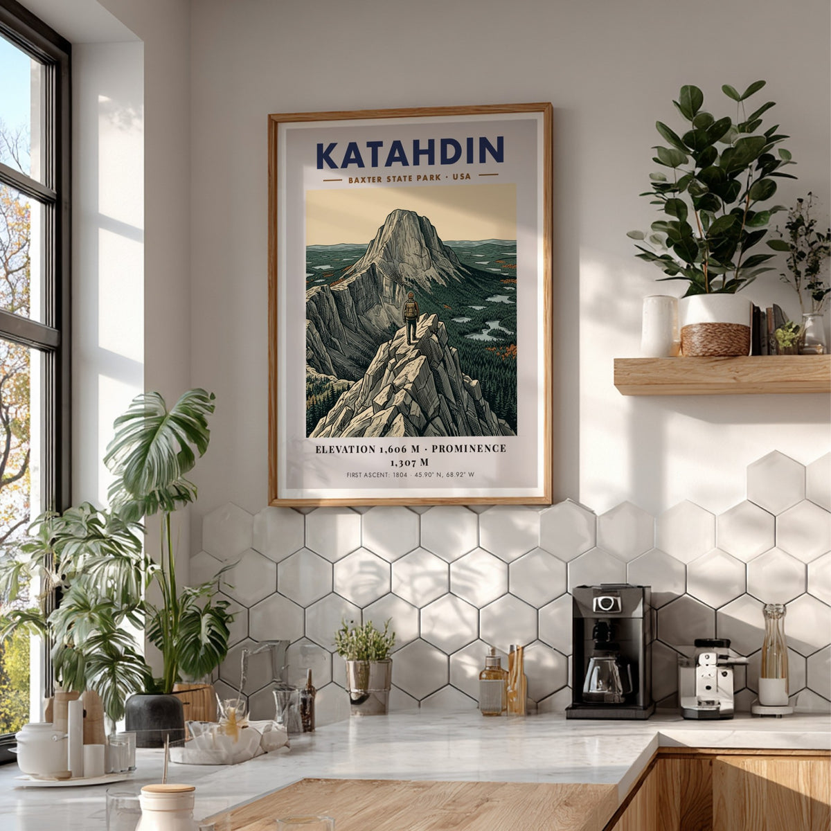 Poster featuring the Katahdin mountain peak in Baxter State Park with a hiker.