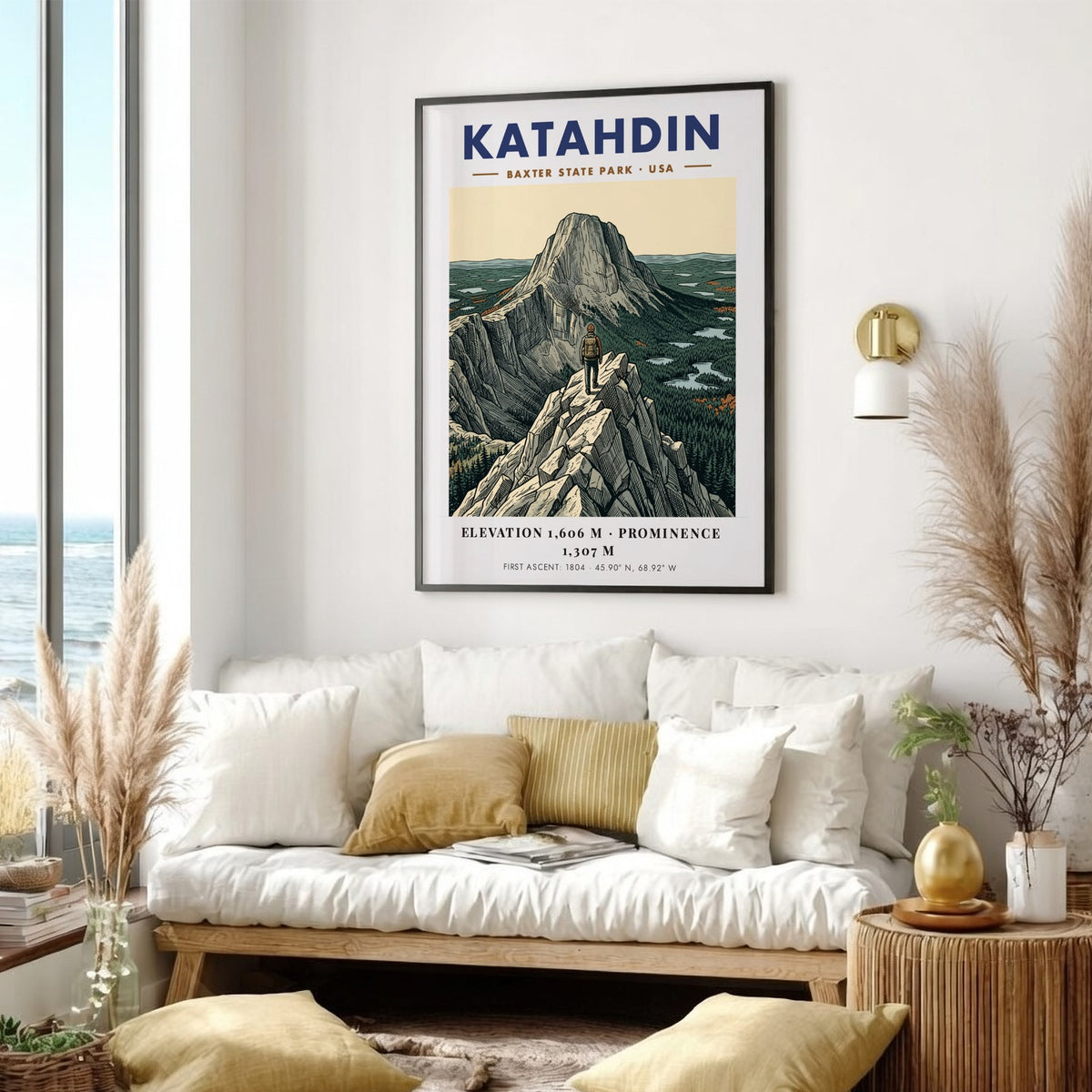 Poster featuring the Katahdin mountain peak in Baxter State Park with a hiker.