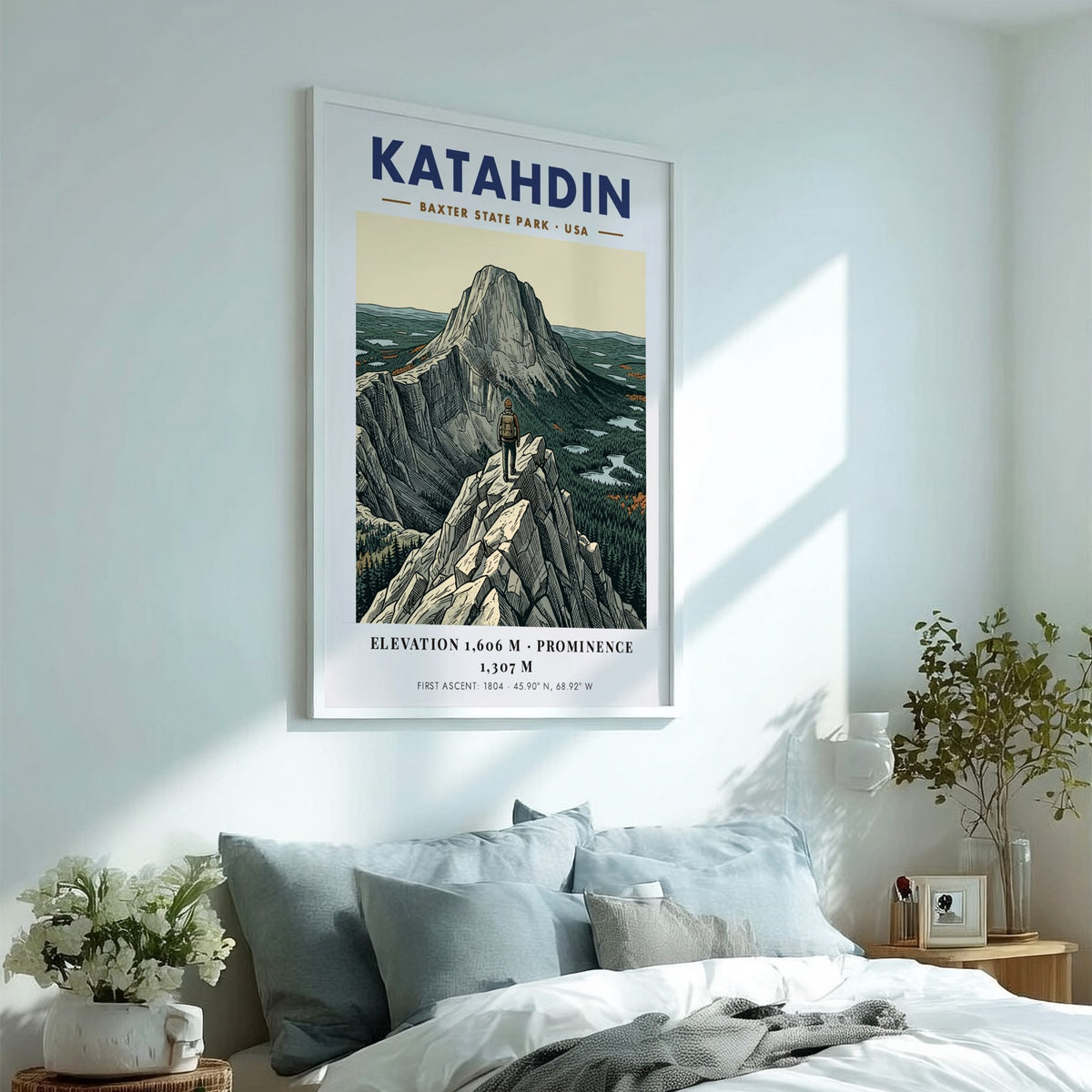 Poster featuring the Katahdin mountain peak in Baxter State Park with a hiker.