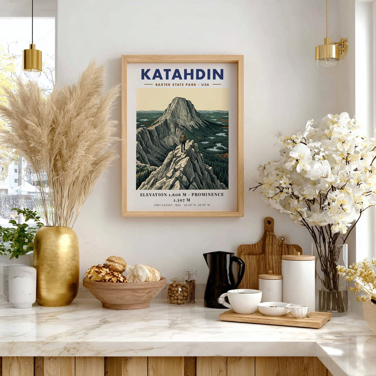 Poster featuring the Katahdin mountain peak in Baxter State Park with a hiker.
