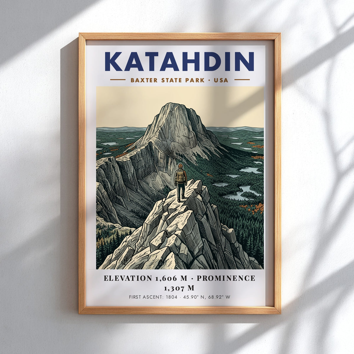 Poster featuring the Katahdin mountain peak in Baxter State Park with a hiker.
