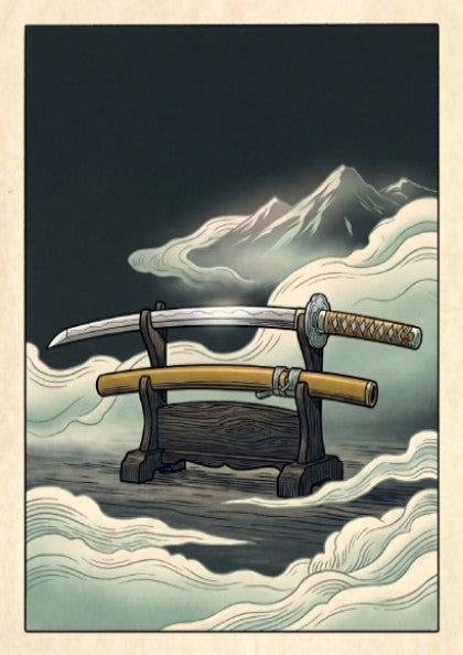 Japanese art style poster featuring a katana and mountains in soft colors