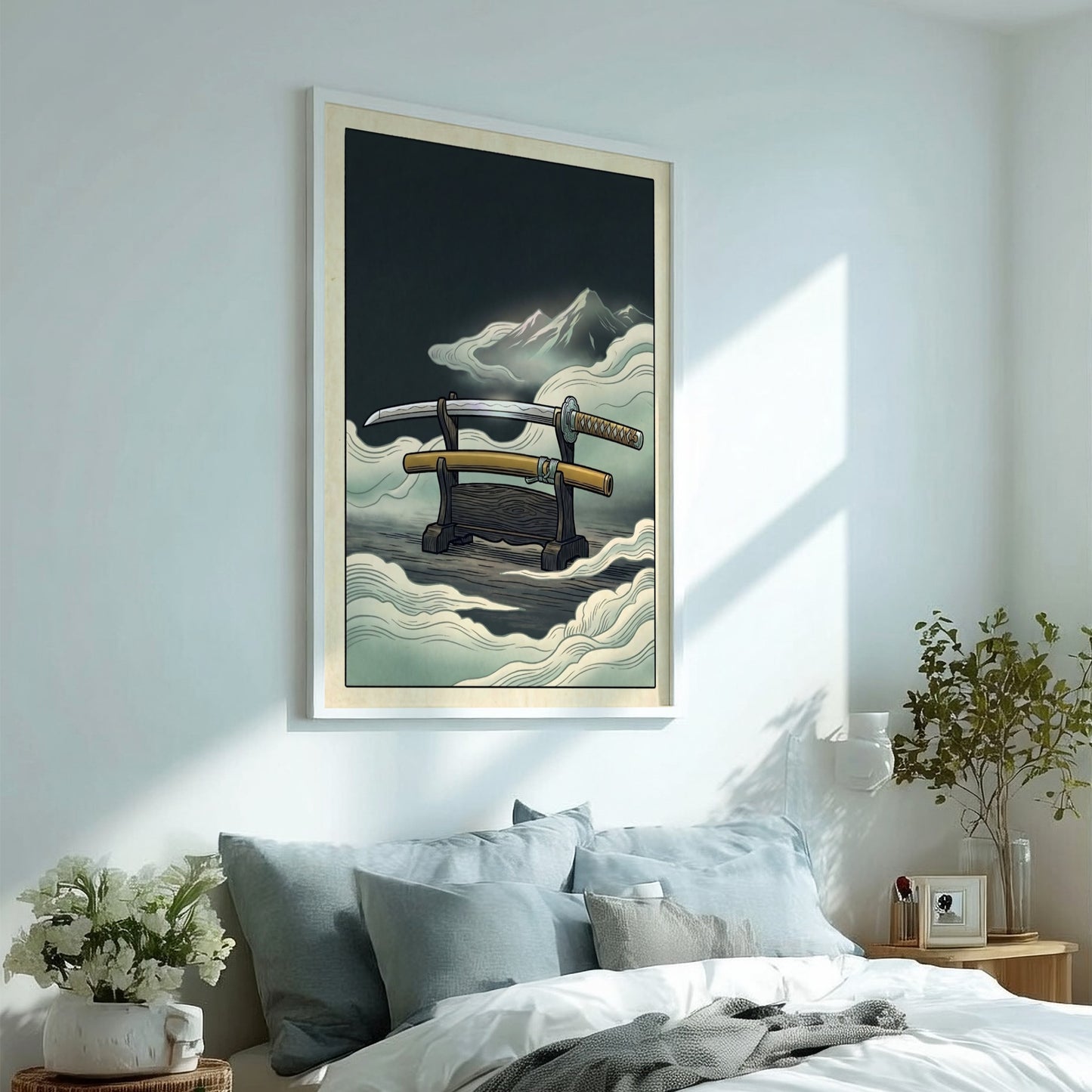 Japanese art style poster featuring a katana and mountains in soft colors