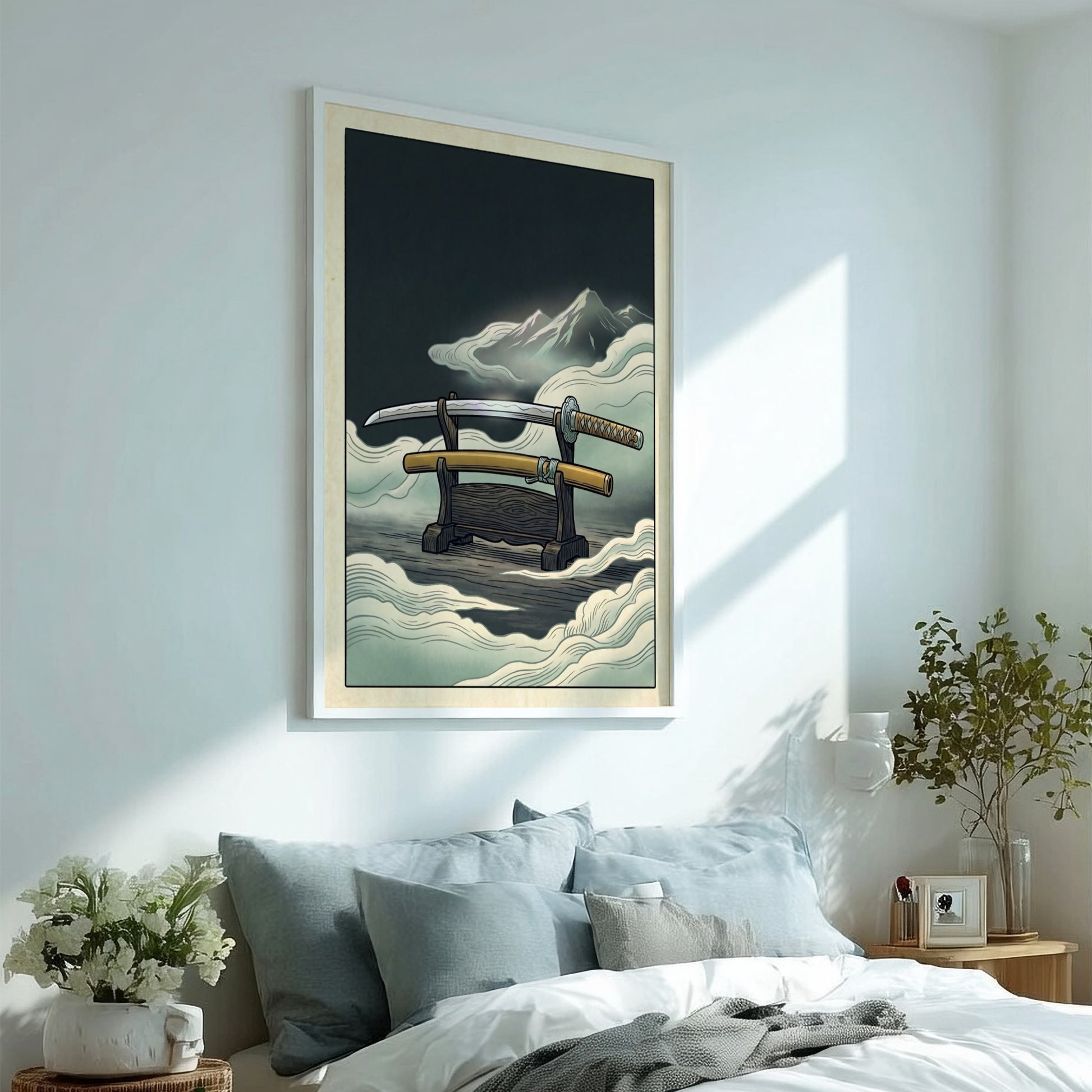 Japanese art style poster featuring a katana and mountains in soft colors