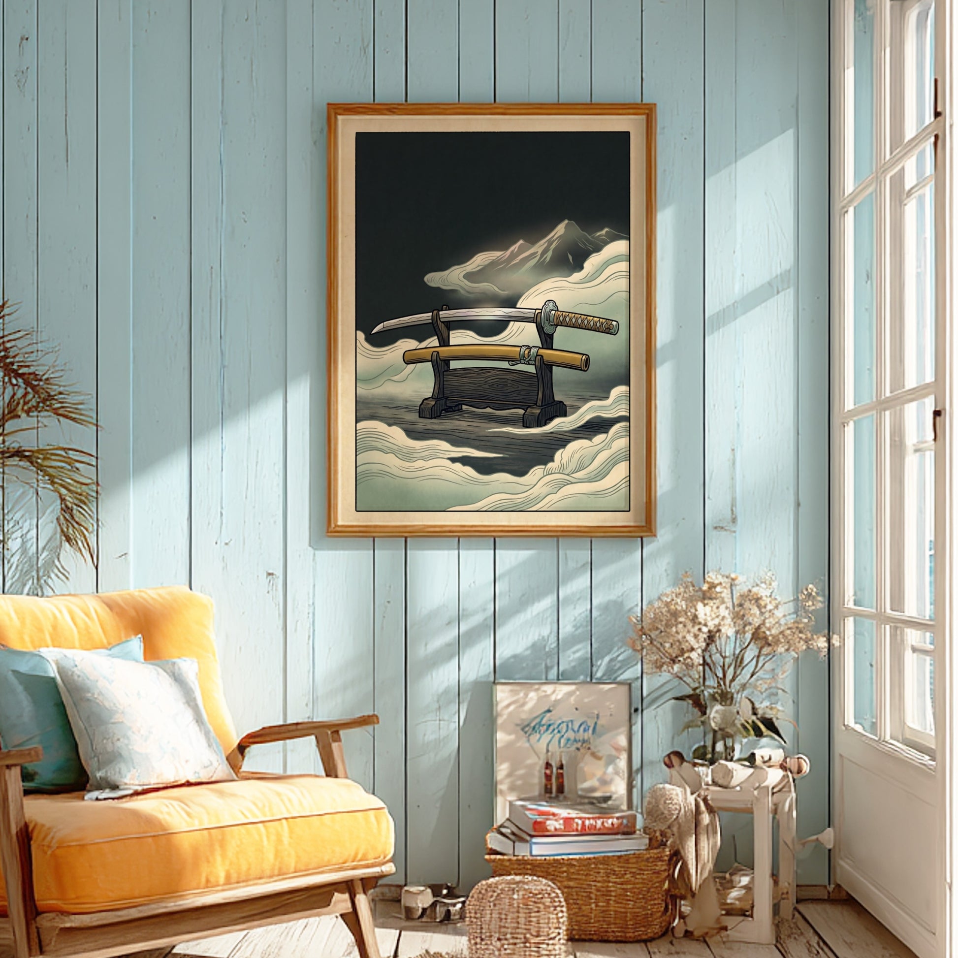 Japanese art style poster featuring a katana and mountains in soft colors