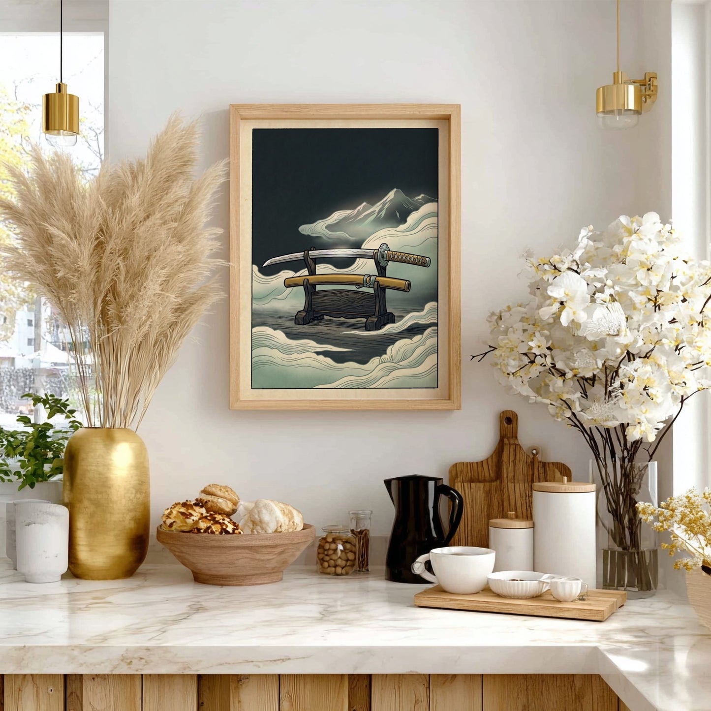 Japanese art style poster featuring a katana and mountains in soft colors