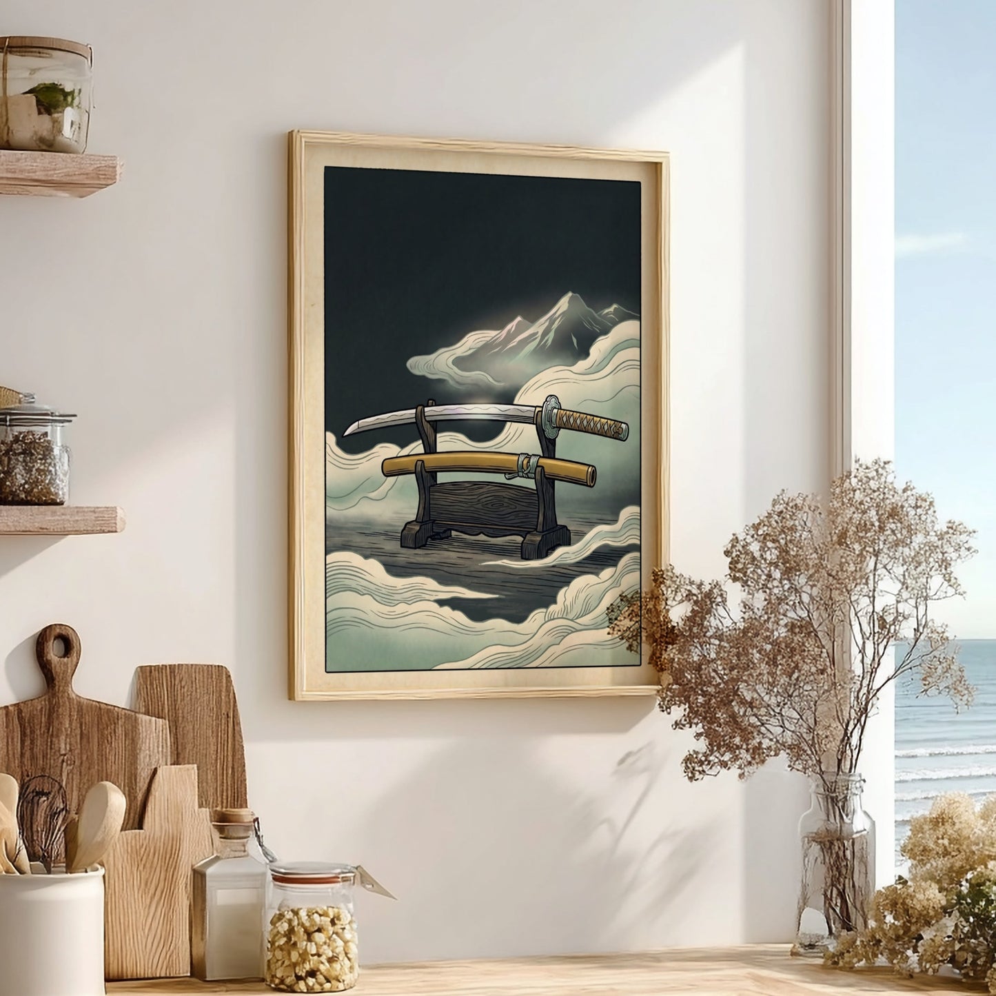 Japanese art style poster featuring a katana and mountains in soft colors