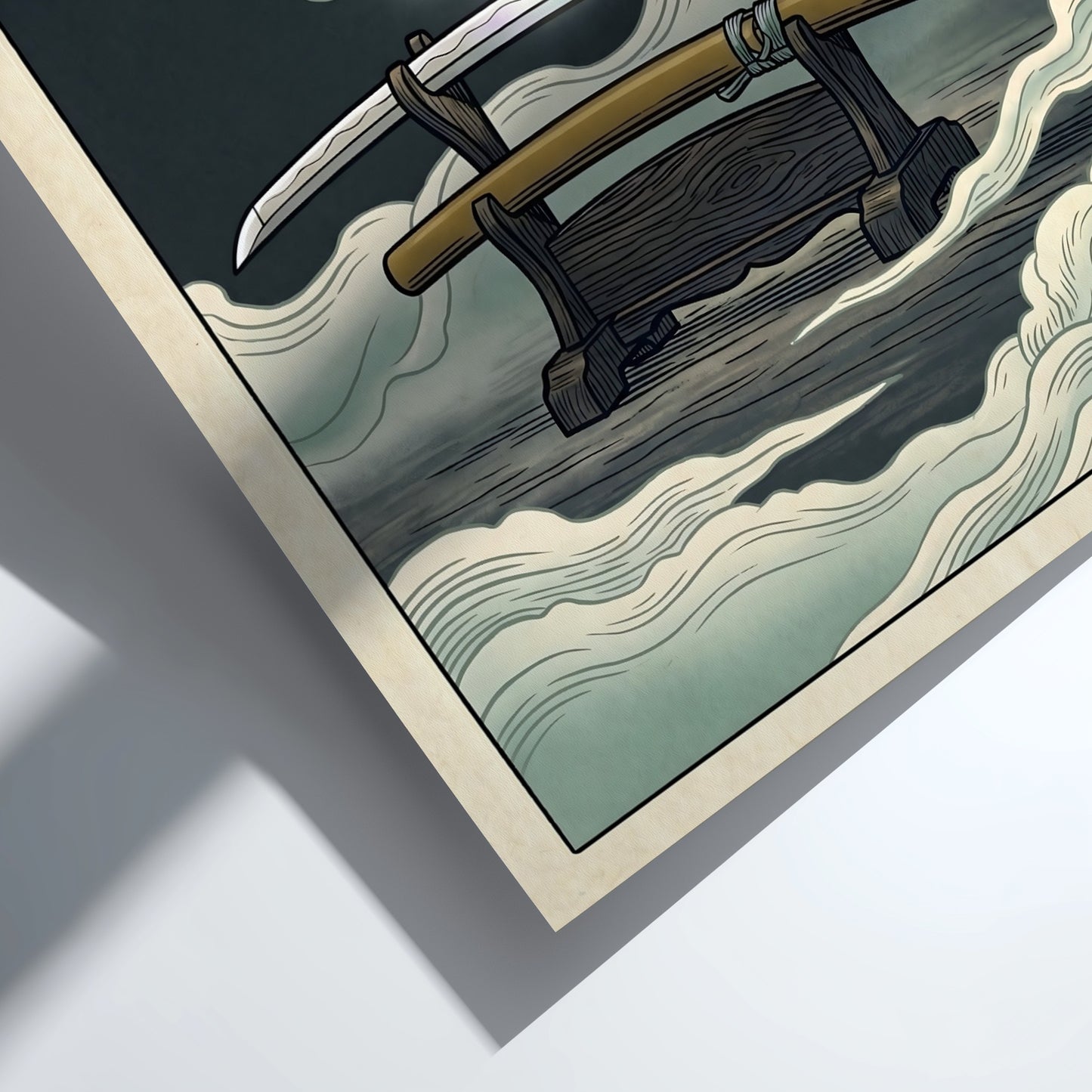 Japanese art style poster featuring a katana and mountains in soft colors