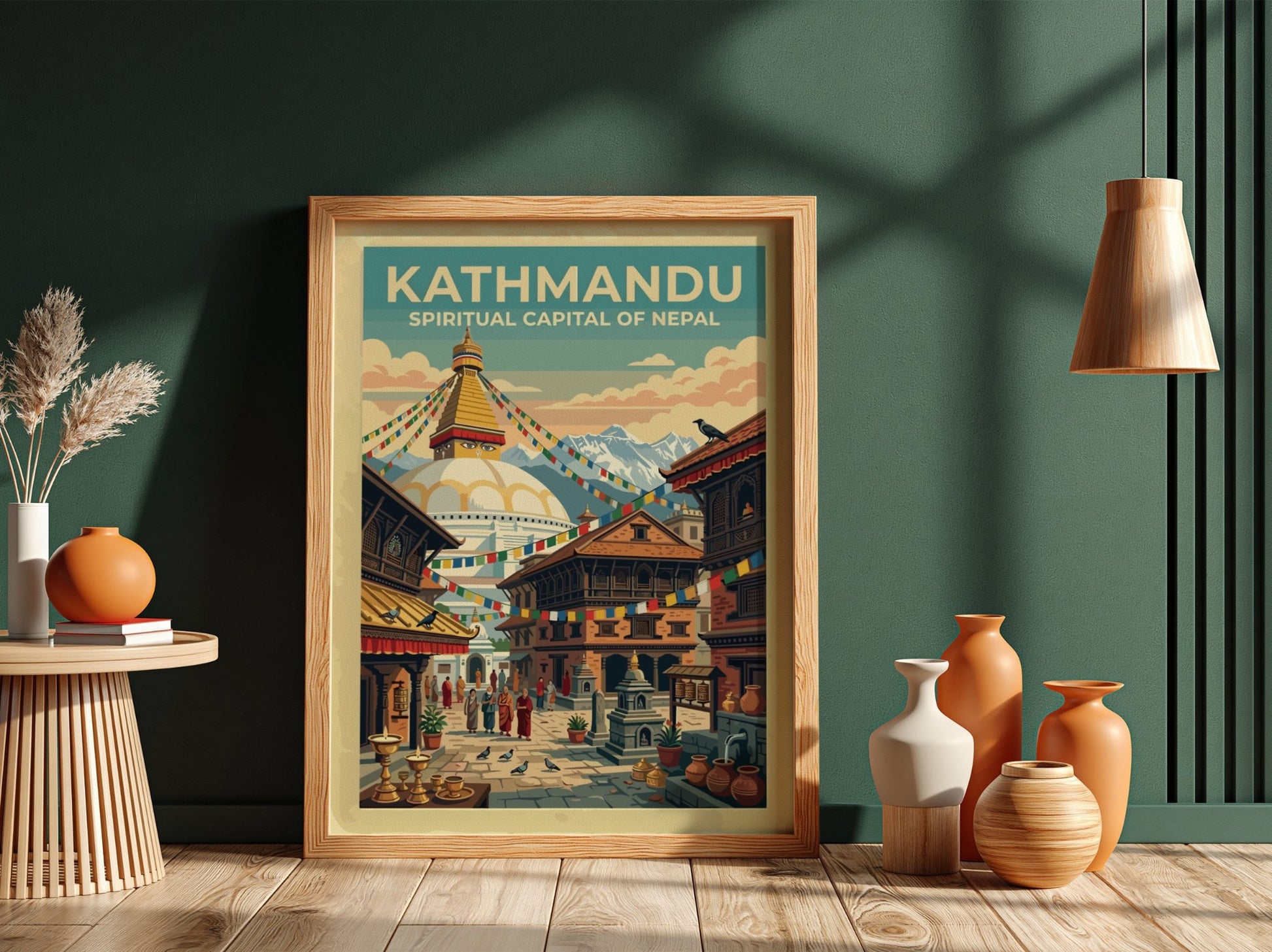 Travel poster of Kathmandu featuring a white stupa, prayer flags, and Himalayan mountains.