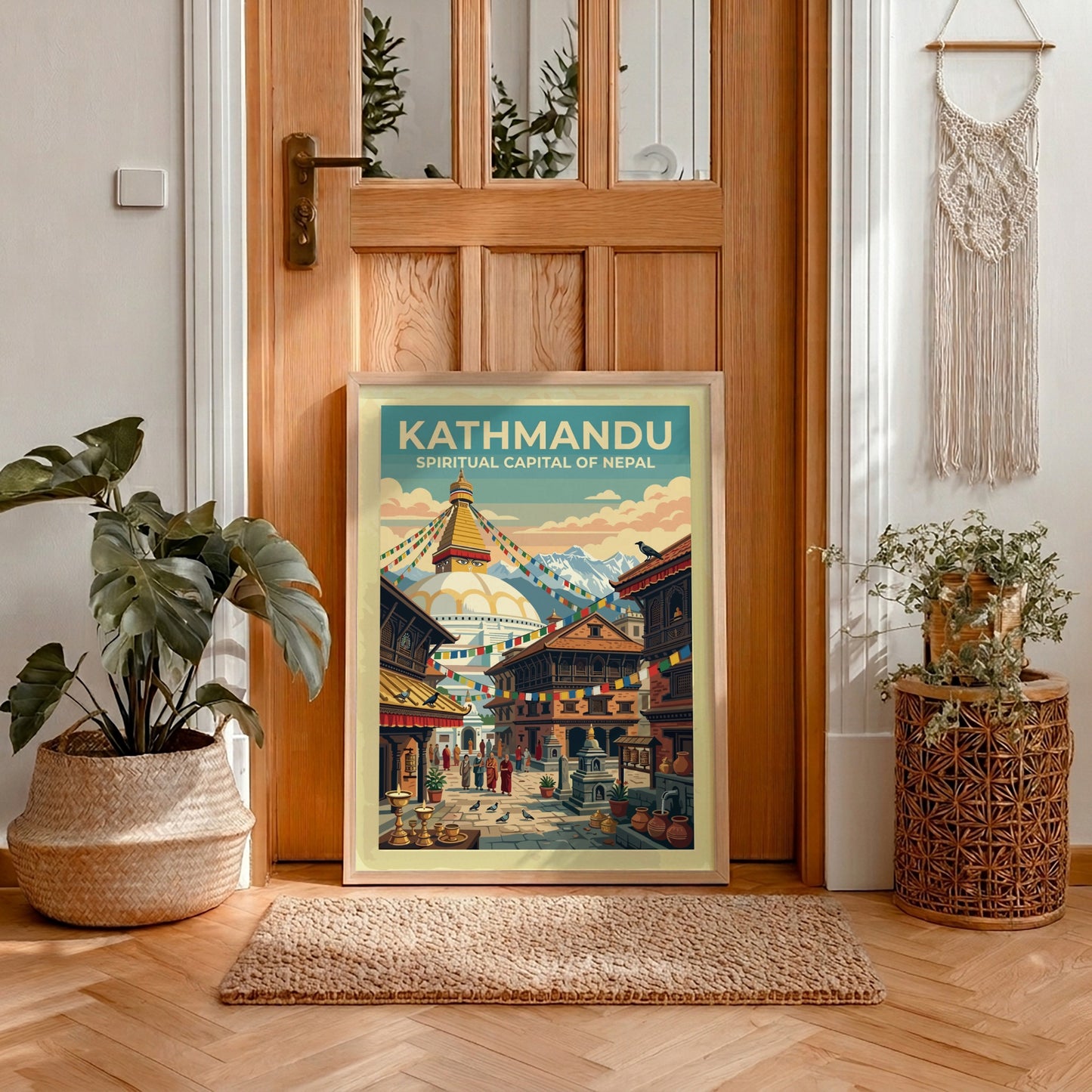 Travel poster of Kathmandu featuring a white stupa, prayer flags, and Himalayan mountains.