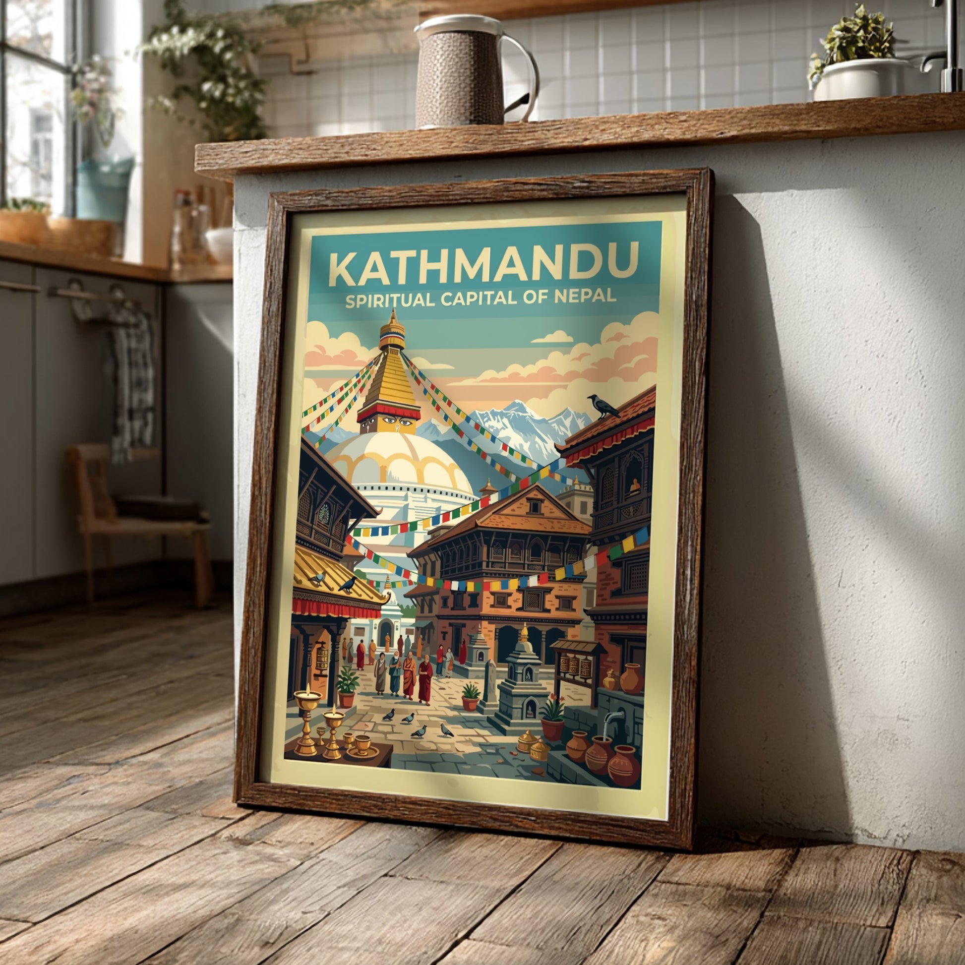 Travel poster of Kathmandu featuring a white stupa, prayer flags, and Himalayan mountains.