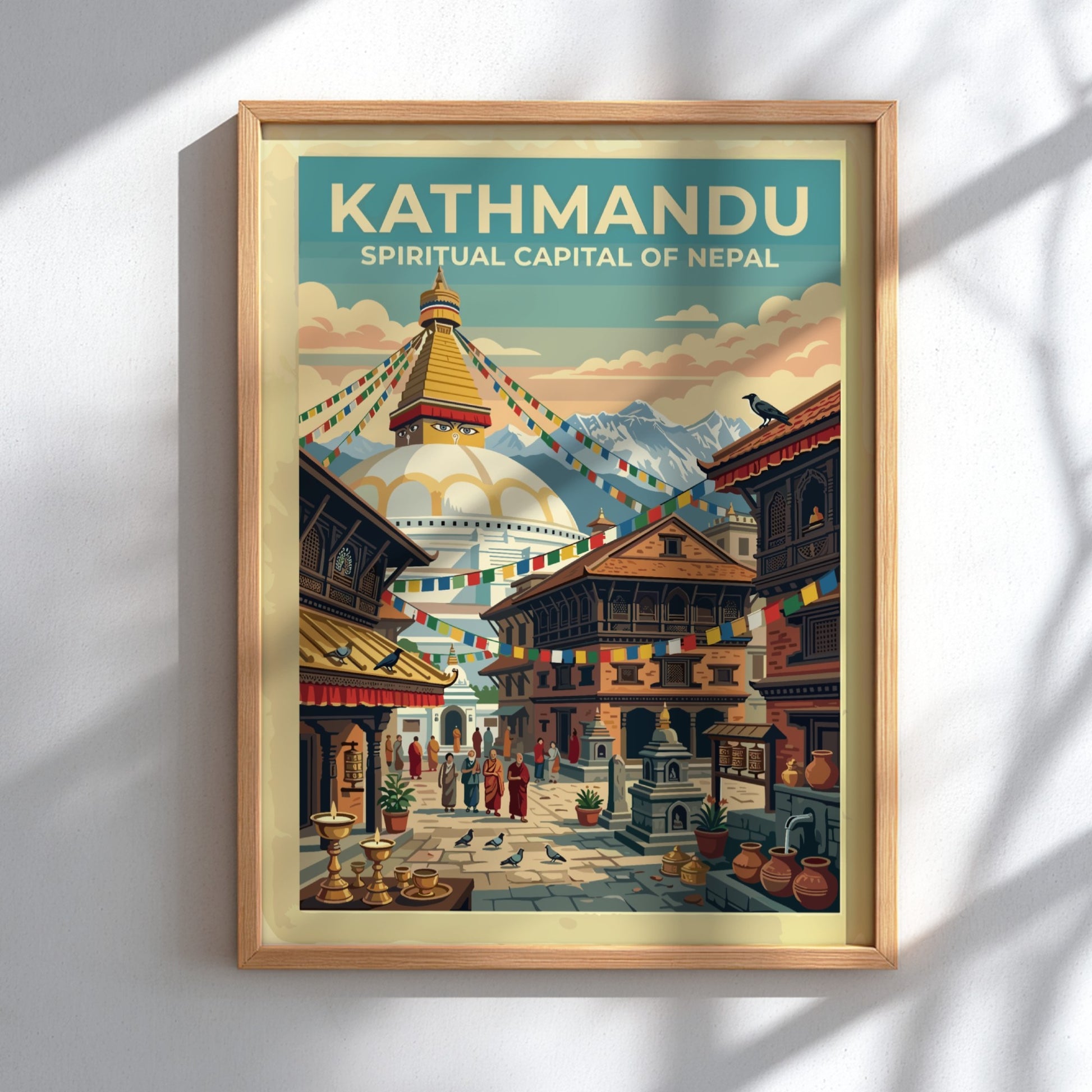 Travel poster of Kathmandu featuring a white stupa, prayer flags, and Himalayan mountains.