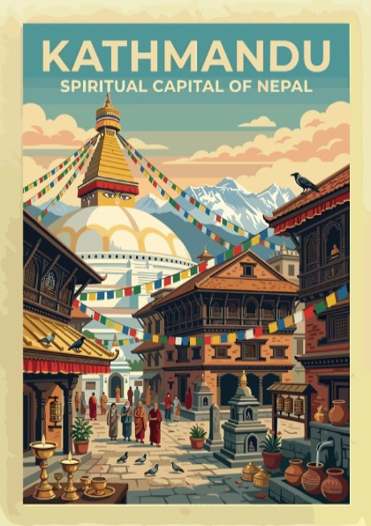 Travel poster of Kathmandu featuring a white stupa, prayer flags, and Himalayan mountains.