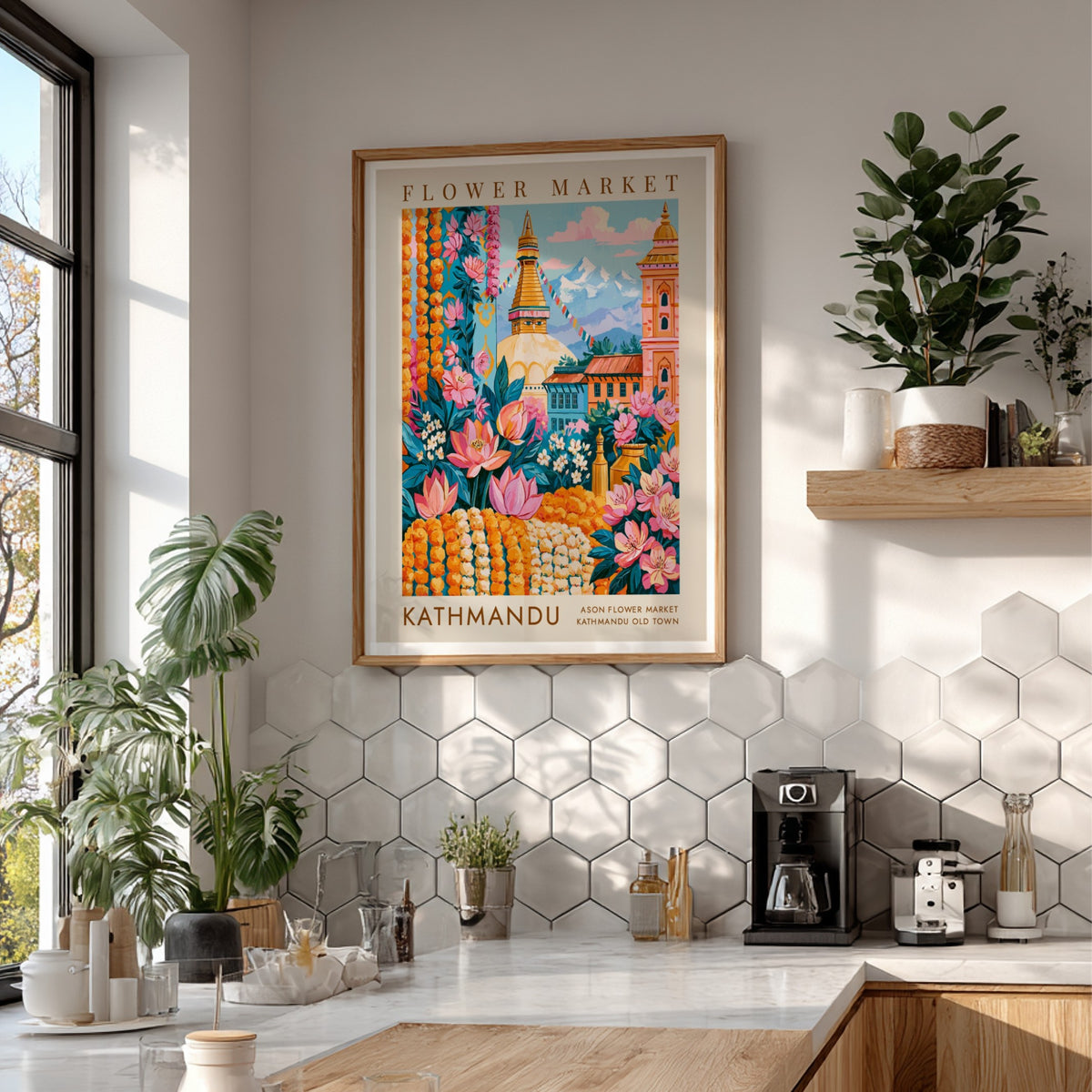 Flower market poster featuring vibrant colors and city architecture