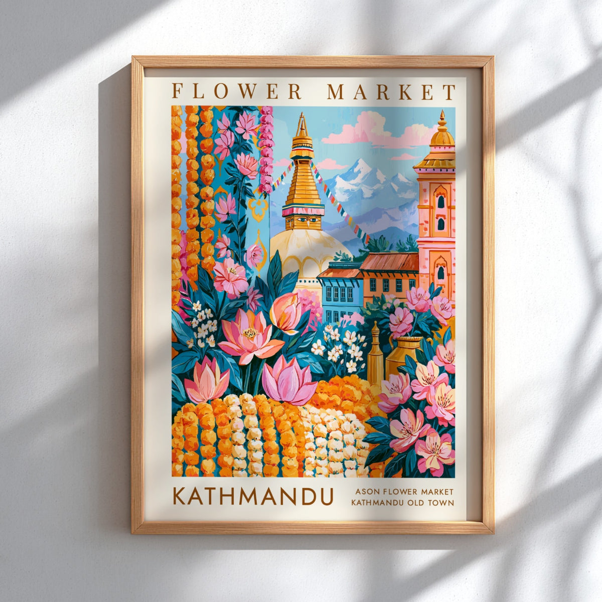 Flower market poster featuring vibrant colors and city architecture