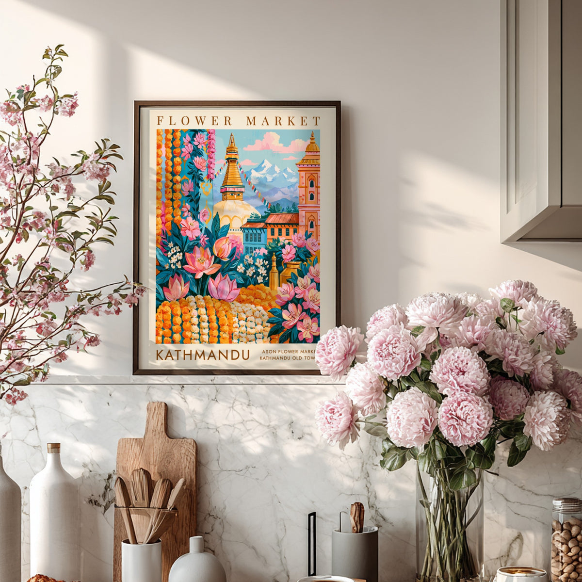 Flower market poster featuring vibrant colors and city architecture