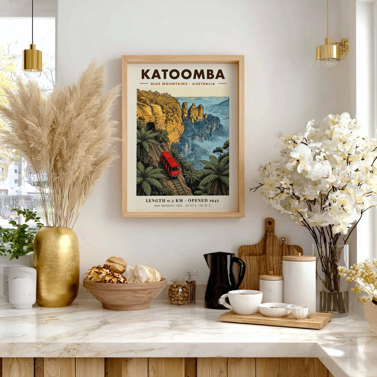 Vintage style Katoomba Blue Mountains poster featuring a red train climbing steep cliffs.