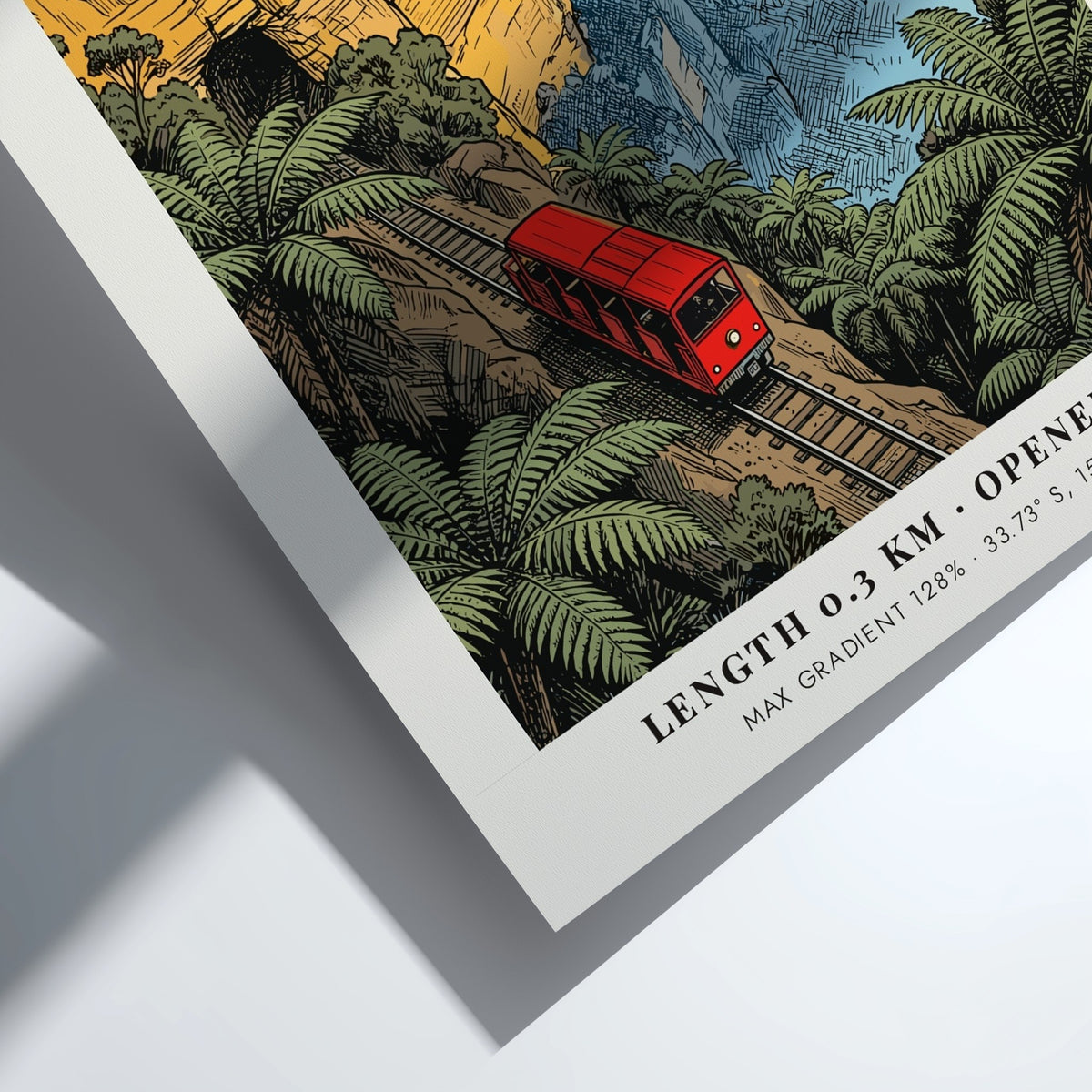 Vintage style Katoomba Blue Mountains poster featuring a red train climbing steep cliffs.