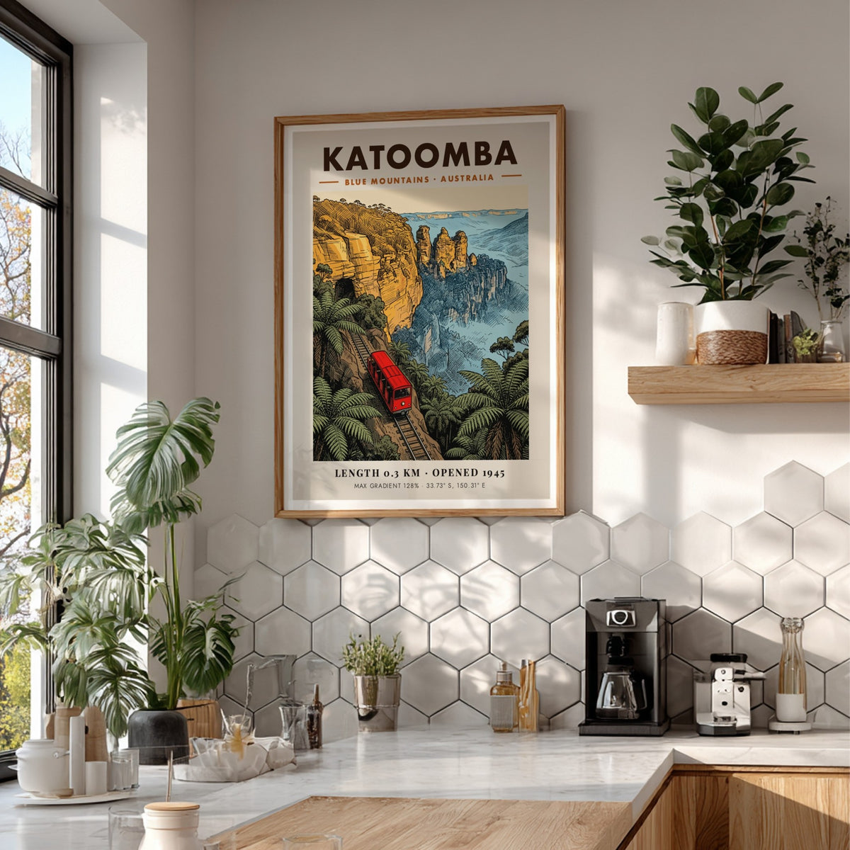 Vintage style Katoomba Blue Mountains poster featuring a red train climbing steep cliffs.