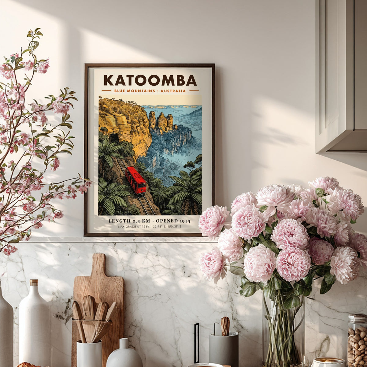 Vintage style Katoomba Blue Mountains poster featuring a red train climbing steep cliffs.