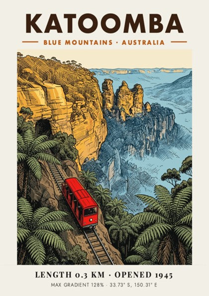 Vintage style Katoomba Blue Mountains poster featuring a red train climbing steep cliffs.