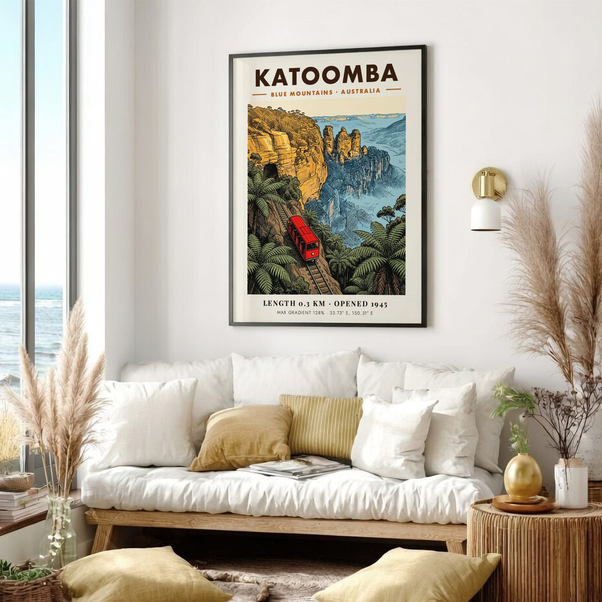 Vintage style Katoomba Blue Mountains poster featuring a red train climbing steep cliffs.