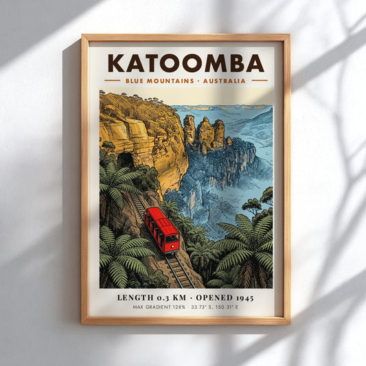 Vintage style Katoomba Blue Mountains poster featuring a red train climbing steep cliffs.