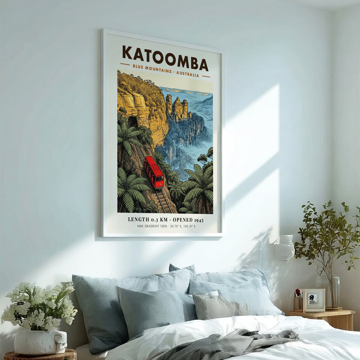 Vintage style Katoomba Blue Mountains poster featuring a red train climbing steep cliffs.