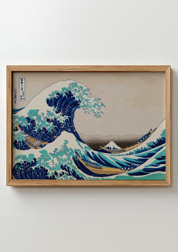 Famous art poster of Katsushika Hokusai's The Great Wave off Kanagawa, featuring ocean waves in blue and