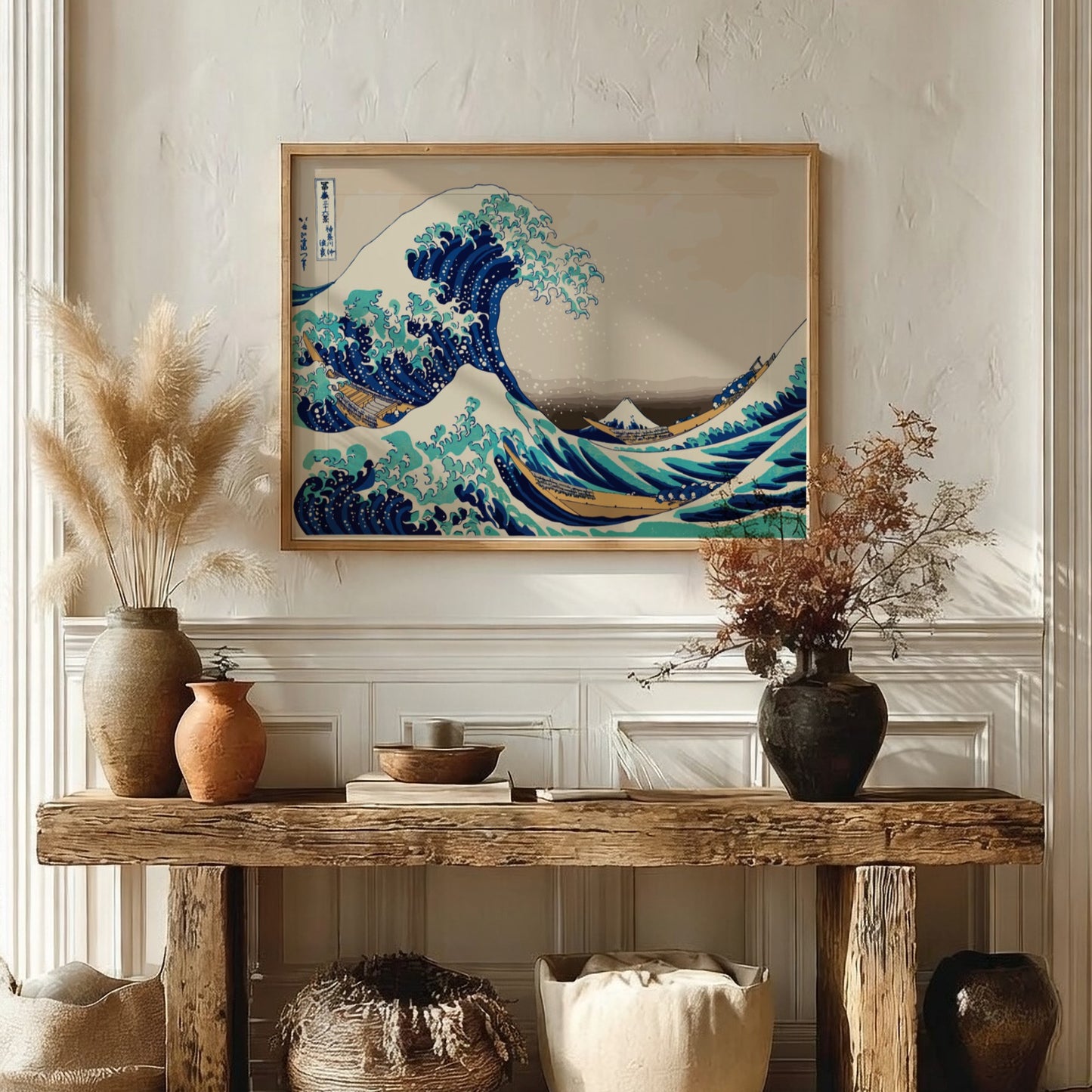 Famous art poster of Katsushika Hokusai's The Great Wave off Kanagawa, featuring ocean waves in blue and