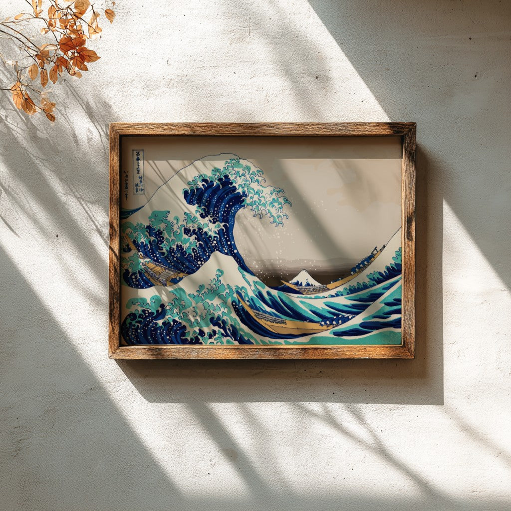 Famous art poster of Katsushika Hokusai's The Great Wave off Kanagawa, featuring ocean waves in blue and