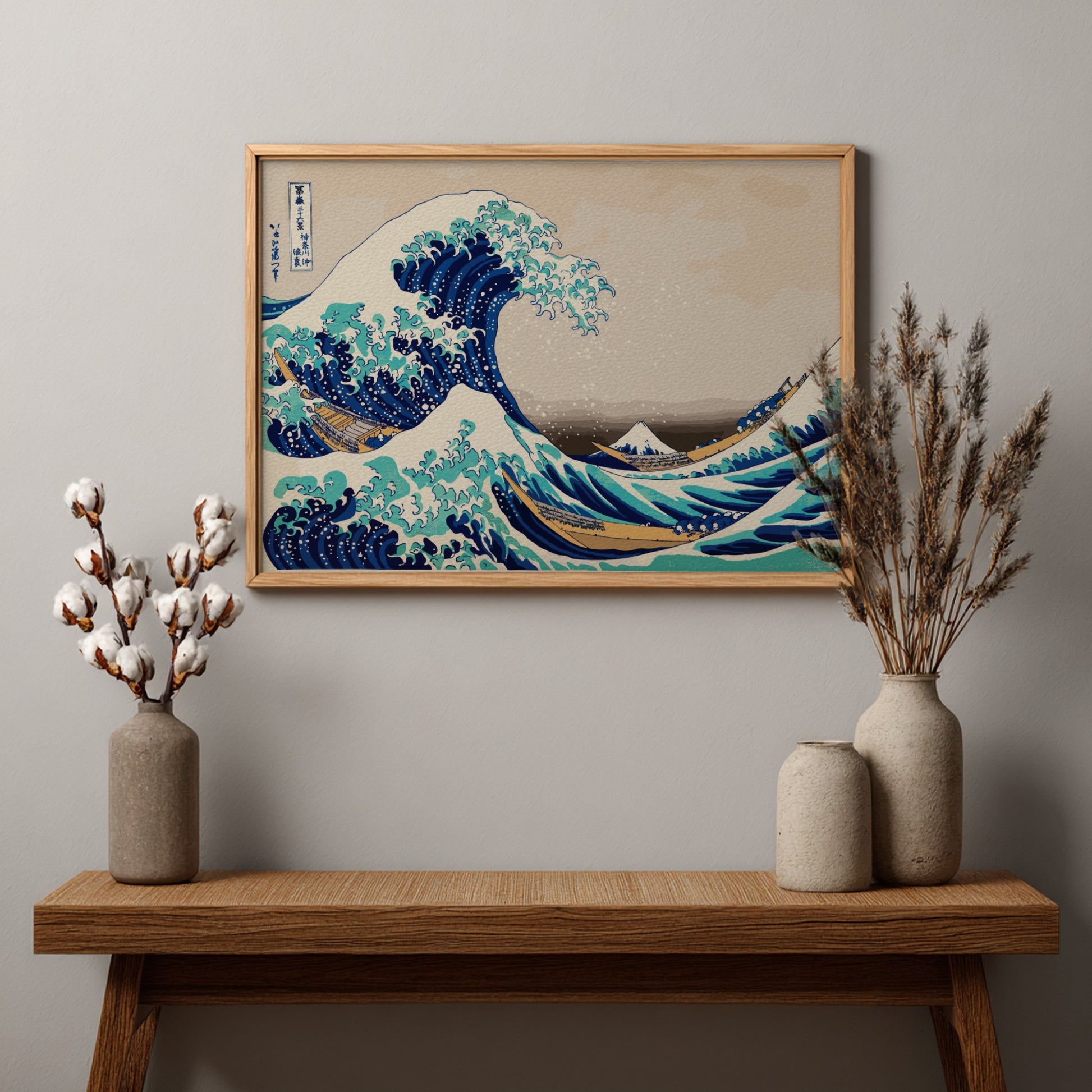 Famous art poster of Katsushika Hokusai's The Great Wave off Kanagawa, featuring ocean waves in blue and