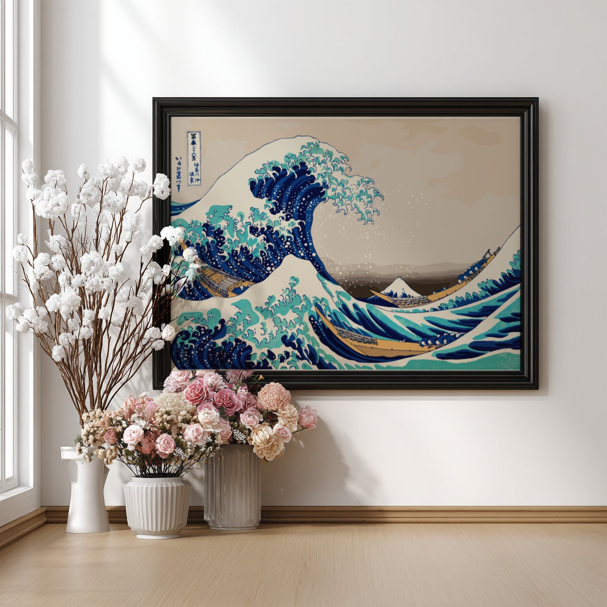 Famous art poster of Katsushika Hokusai's The Great Wave off Kanagawa, featuring ocean waves in blue and