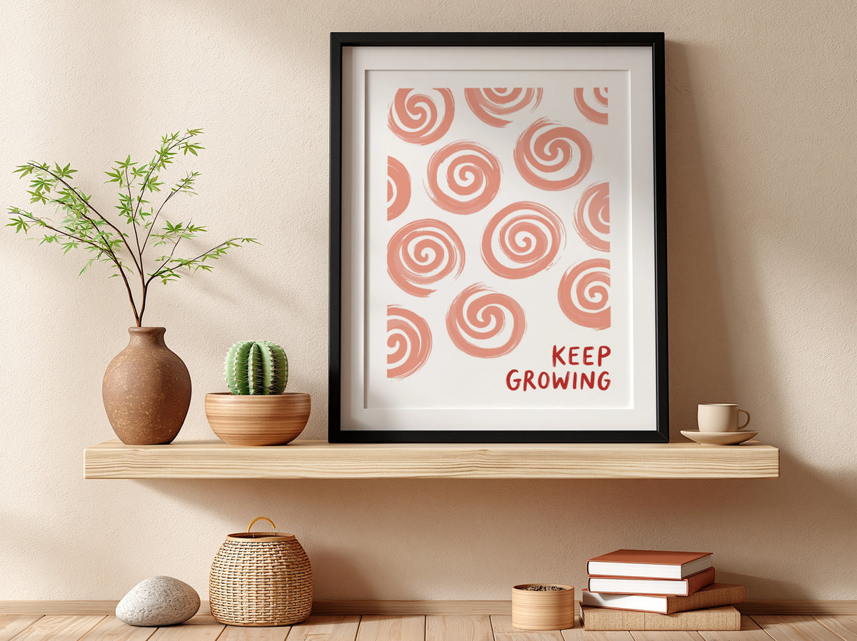 Motivational poster featuring hand-drawn peach spirals on white with Keep Growing red text.