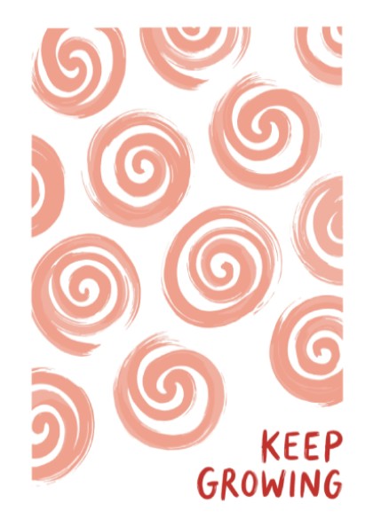 Motivational poster featuring hand-drawn peach spirals on white with Keep Growing red text.