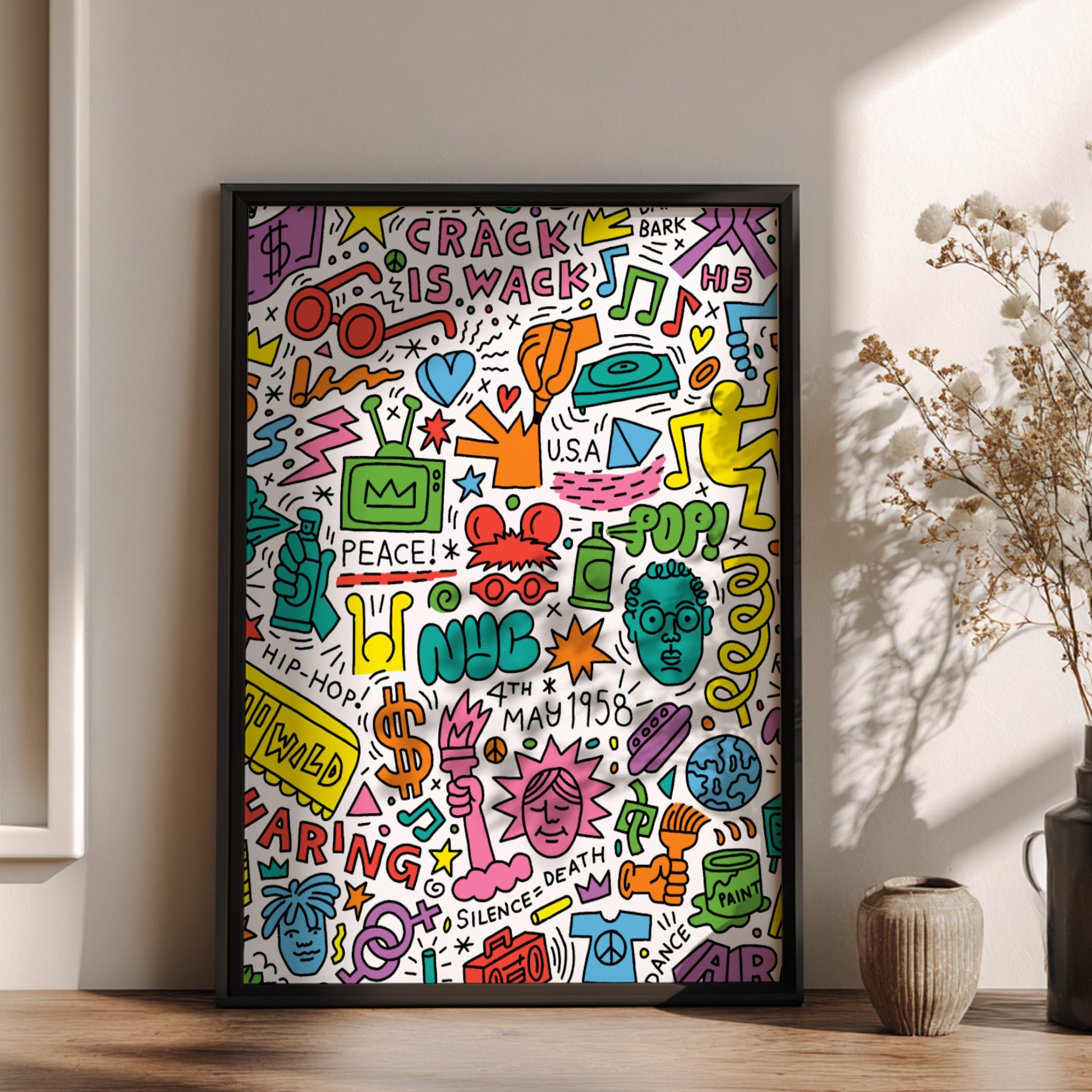 Keith Haring Anniversary poster featuring pop art drawings, bold lines, and vibrant colors.