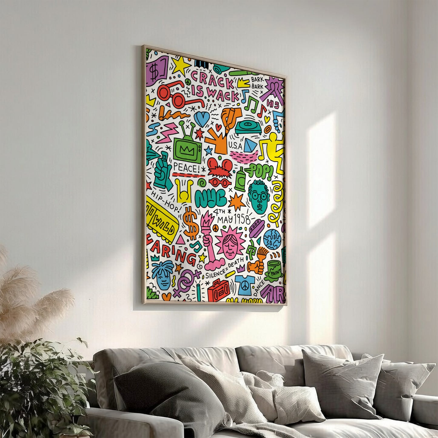 Keith Haring Anniversary poster featuring pop art drawings, bold lines, and vibrant colors.