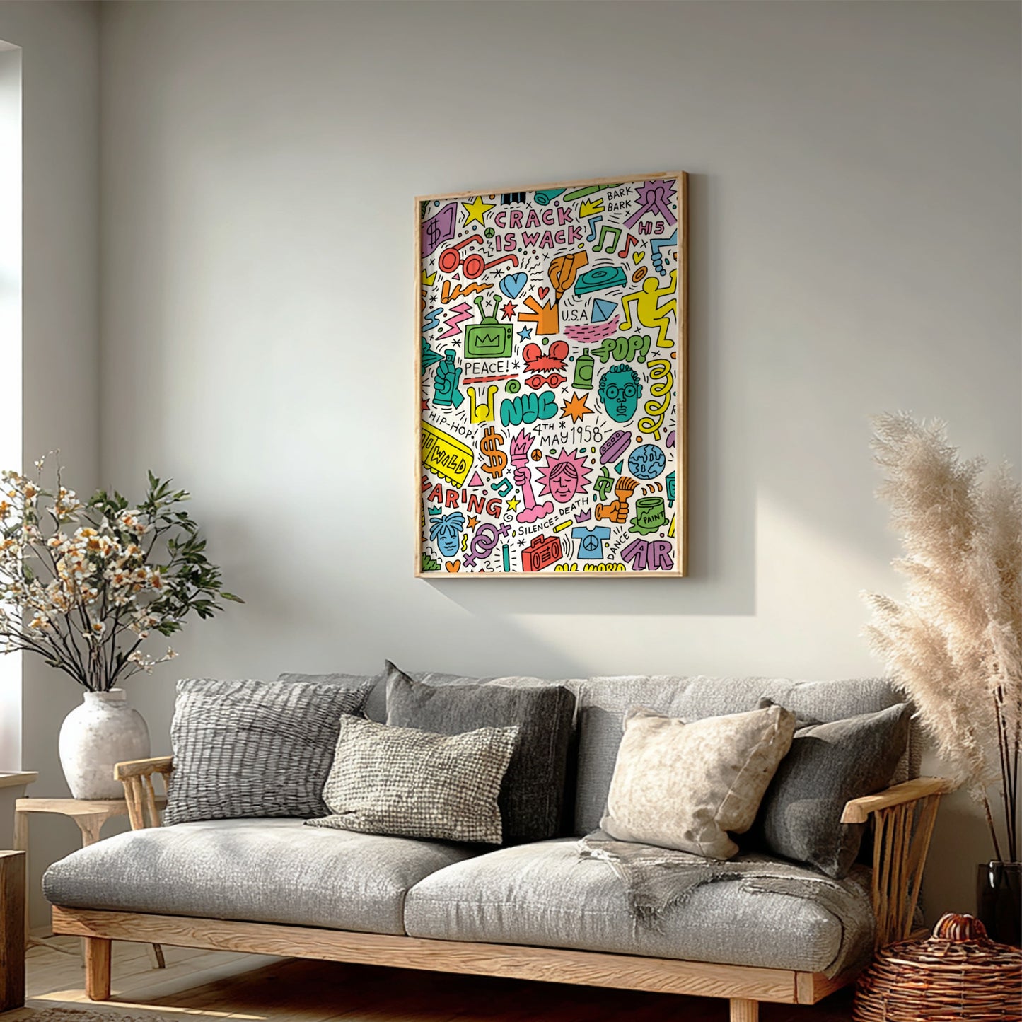 Keith Haring Anniversary poster featuring pop art drawings, bold lines, and vibrant colors.
