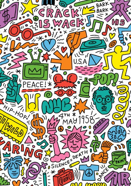 Keith Haring Anniversary poster featuring pop art drawings, bold lines, and vibrant colors.