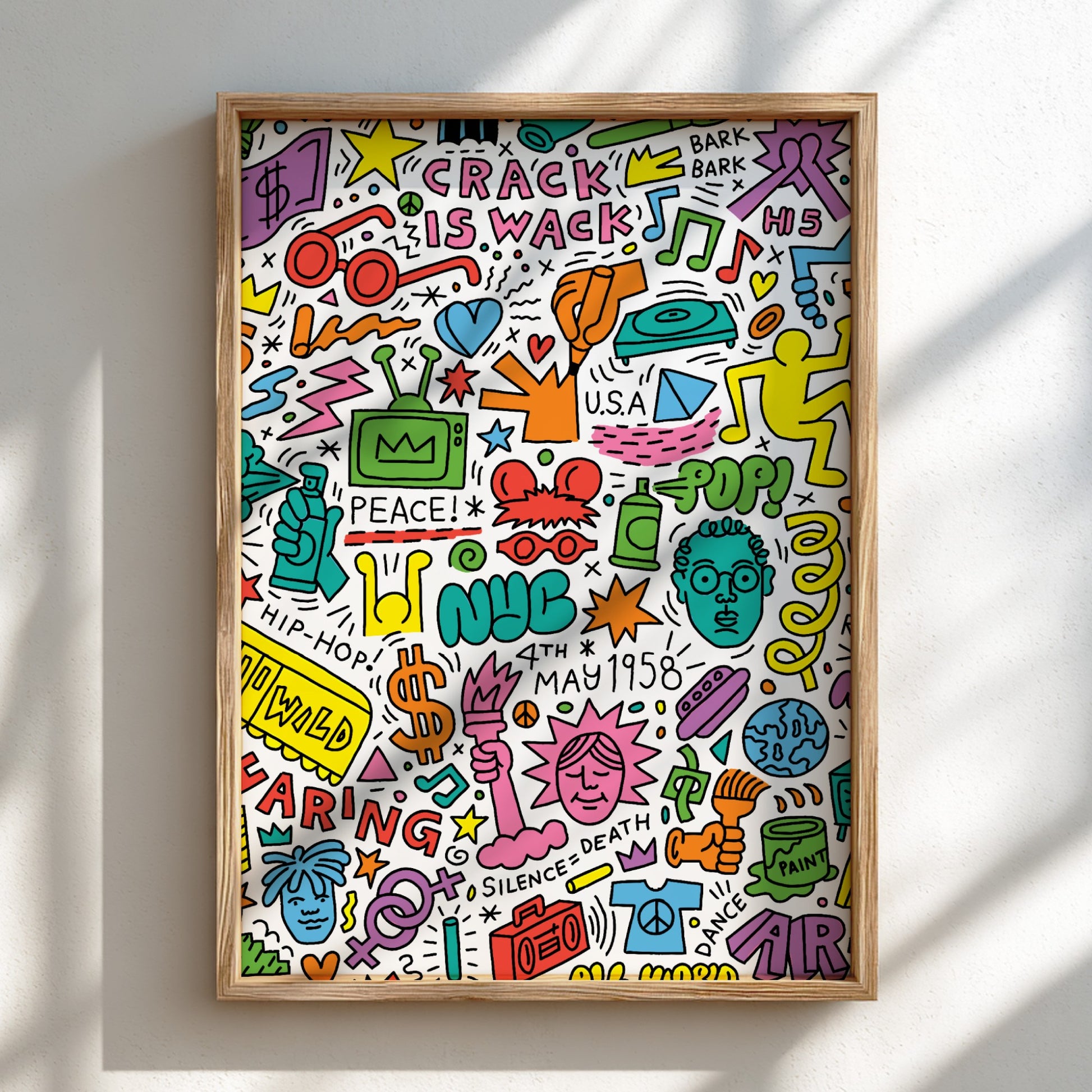 Keith Haring Anniversary poster featuring pop art drawings, bold lines, and vibrant colors.