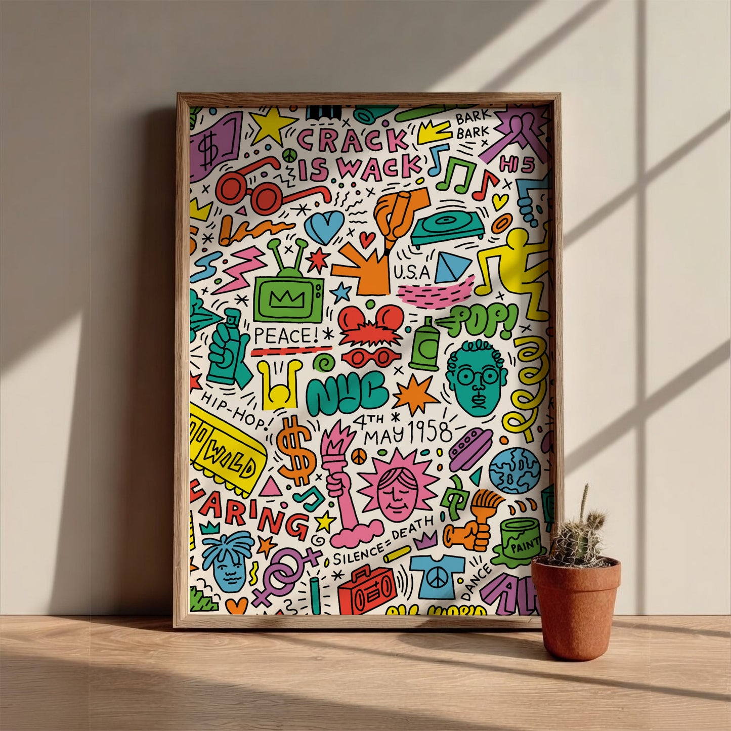 Keith Haring Anniversary poster featuring pop art drawings, bold lines, and vibrant colors.