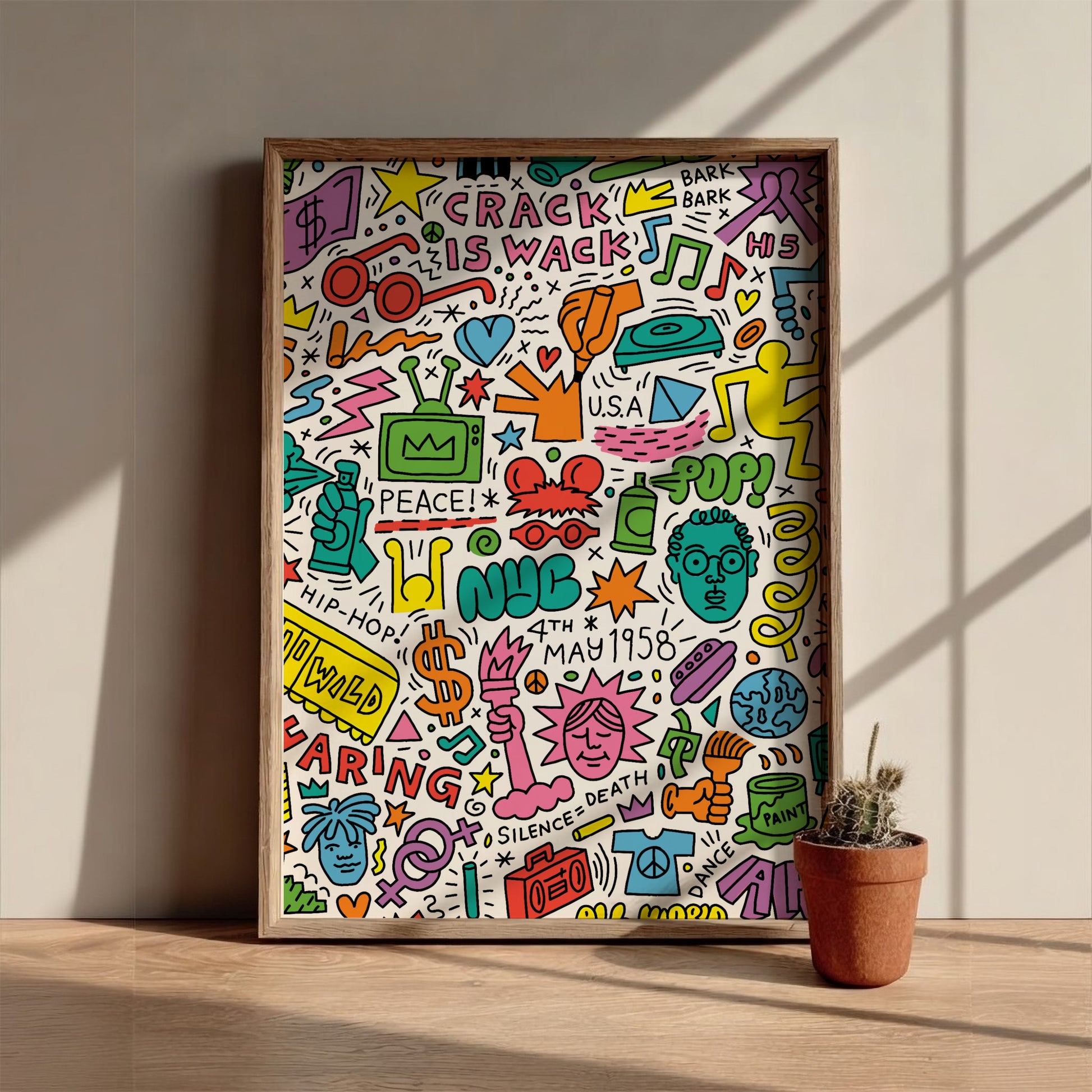 Keith Haring Anniversary poster featuring pop art drawings, bold lines, and vibrant colors.