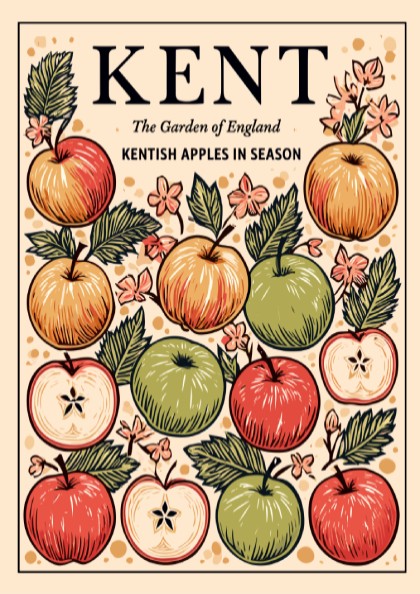 Kitchen poster featuring colorful Kent apples and floral designs in a vintage style