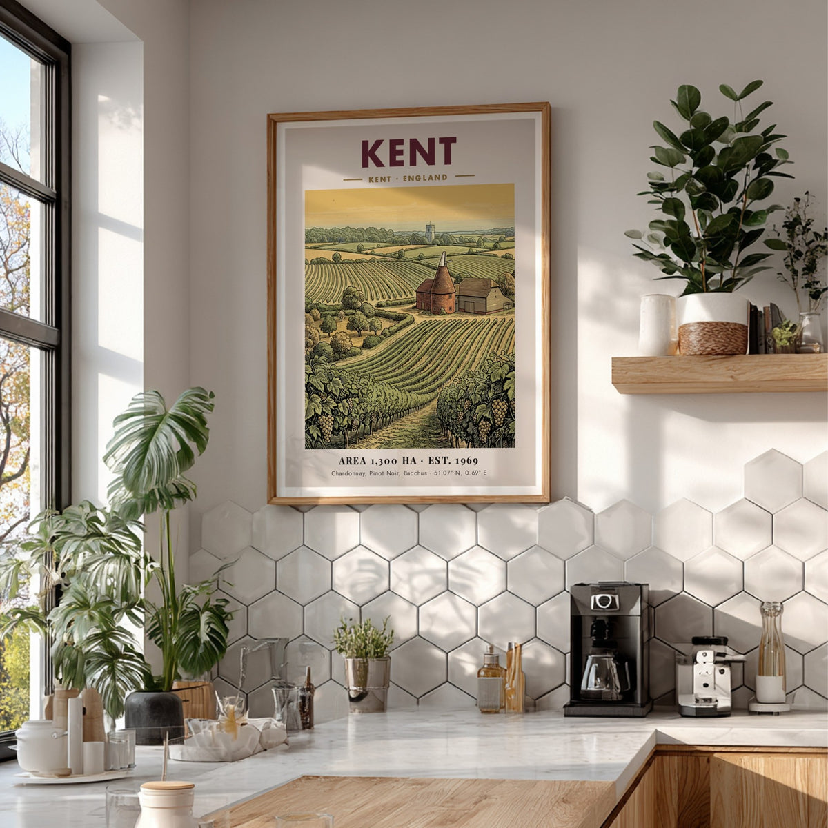 Poster featuring a Kent vineyard landscape with rows of grapes and an oast house.