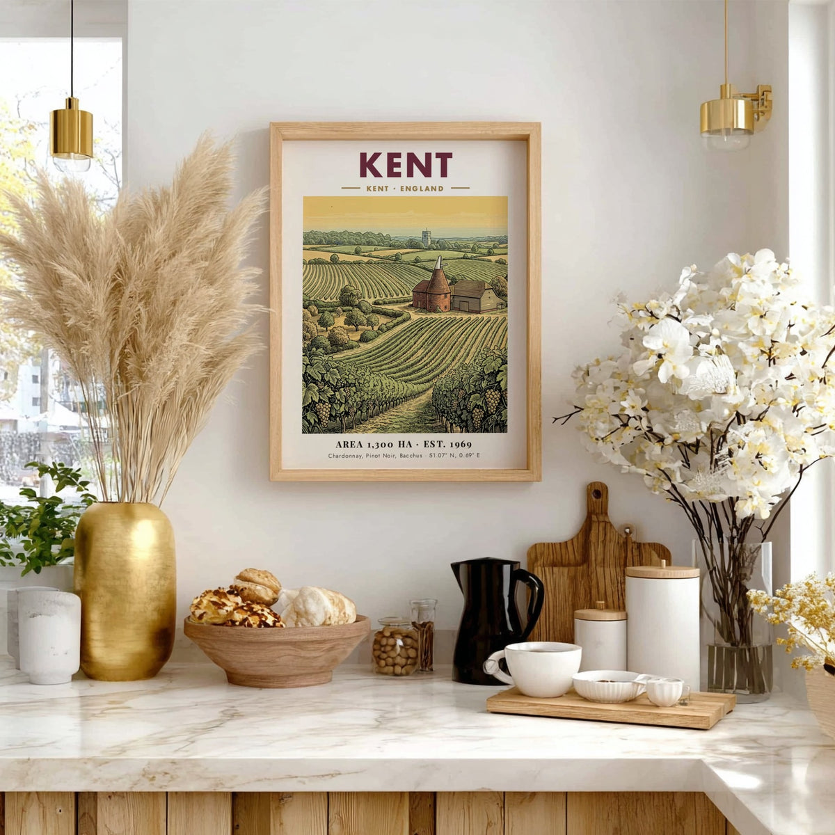 Poster featuring a Kent vineyard landscape with rows of grapes and an oast house.